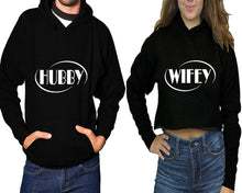 Load image into Gallery viewer, Hubby and Wifey hoodies, Matching couple hoodies, Black pullover hoodie for man Black crop top hoodie for woman
