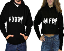 Load image into Gallery viewer, Hubby and Wifey hoodies, Matching couple hoodies, Black pullover hoodie for man Black crop top hoodie for woman
