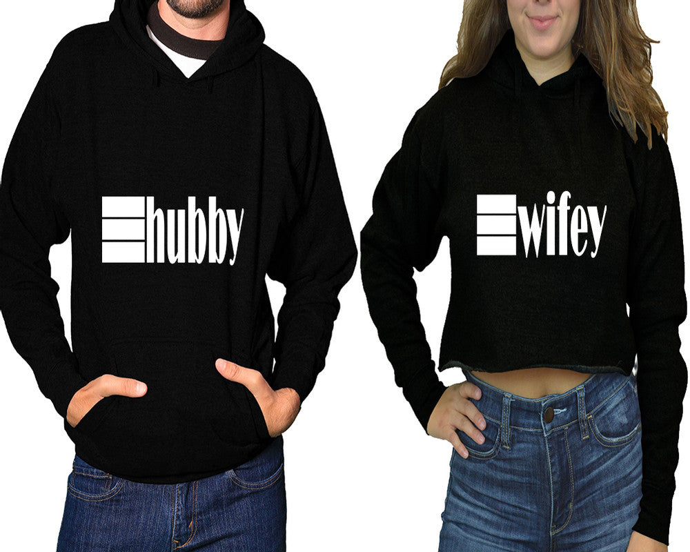 Hubby and Wifey hoodies, Matching couple hoodies, Black pullover hoodie for man Black crop top hoodie for woman
