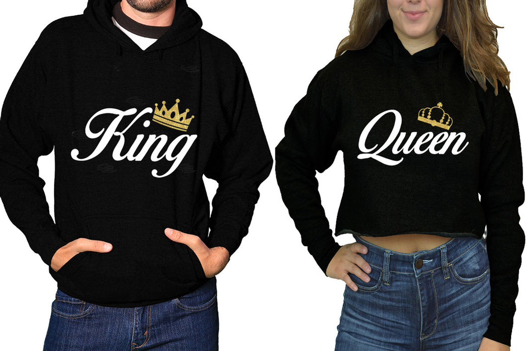 King and Queen hoodies, Matching couple hoodies, Black pullover hoodie for man Black crop top hoodie for woman