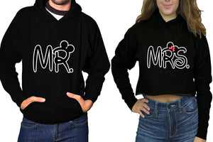 Mr and Mrs hoodies, Matching couple hoodies, Black pullover hoodie for man Black crop top hoodie for woman