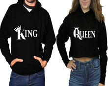 將圖片載入圖庫檢視器 King and Queen hoodies, Matching couple hoodies, Black pullover hoodie for man Black crop top hoodie for woman
