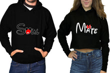 Cargar imagen en el visor de la galería, Soul and Mate hoodies, Matching couple hoodies, Black pullover hoodie for man Black crop top hoodie for woman
