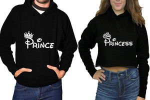 Prince and Princess hoodies, Matching couple hoodies, Black pullover hoodie for man Black crop top hoodie for woman