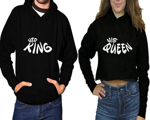 Her King and His Queen hoodies, Matching couple hoodies, Black pullover hoodie for man Black crop top hoodie for woman