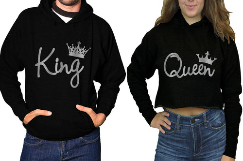 King and Queen hoodies, Matching couple hoodies, Black pullover hoodie for man Black crop top hoodie for woman