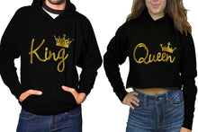 Cargar imagen en el visor de la galería, King and Queen hoodies, Matching couple hoodies, Black pullover hoodie for man Black crop top hoodie for woman
