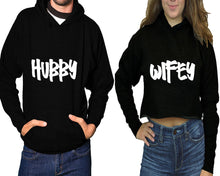 將圖片載入圖庫檢視器 Hubby and Wifey hoodies, Matching couple hoodies, Black pullover hoodie for man Black crop top hoodie for woman
