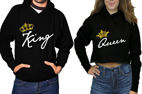 King and Queen hoodies, Matching couple hoodies, Black pullover hoodie for man Black crop top hoodie for woman