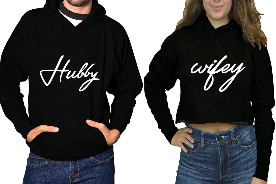 Hubby and Wifey hoodies, Matching couple hoodies, Black pullover hoodie for man Black crop hoodie for woman