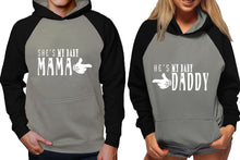 Load image into Gallery viewer, She&#39;s My Baby Mama and He&#39;s My Baby Daddy raglan hoodies, Matching couple hoodies, Black Grey his and hers man and woman contrast raglan hoodies
