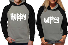 Load image into Gallery viewer, Hubby and Wifey raglan hoodies, Matching couple hoodies, Black Grey King Queen design on man and woman hoodies
