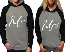 Cargar imagen en el visor de la galería, Mr and Mrs raglan hoodies, Matching couple hoodies, Black Grey his and hers man and woman contrast raglan hoodies
