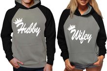 Cargar imagen en el visor de la galería, Hubby and Wifey raglan hoodies, Matching couple hoodies, Black Grey King Queen design on man and woman hoodies
