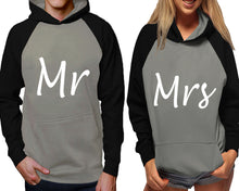 Load image into Gallery viewer, Mr and Mrs raglan hoodies, Matching couple hoodies, Black Grey his and hers man and woman contrast raglan hoodies
