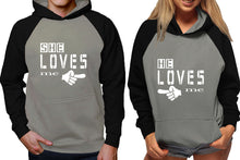 Load image into Gallery viewer, She Loves Me and He Loves Me raglan hoodies, Matching couple hoodies, Black Grey his and hers man and woman contrast raglan hoodies
