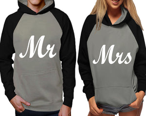 Mr and Mrs raglan hoodies, Matching couple hoodies, Black Grey his and hers man and woman contrast raglan hoodies