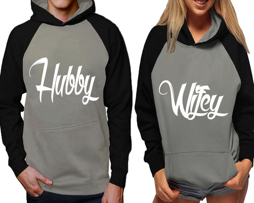 Hubby and Wifey raglan hoodies, Matching couple hoodies, Black Grey his and hers man and woman contrast raglan hoodies