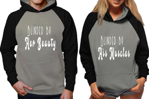 Blinded by Her Beauty and Blinded by His Muscles raglan hoodies, Matching couple hoodies, Black Grey his and hers man and woman contrast raglan hoodies