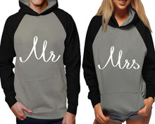 Load image into Gallery viewer, Mr and Mrs raglan hoodies, Matching couple hoodies, Black Grey his and hers man and woman contrast raglan hoodies
