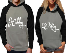 將圖片載入圖庫檢視器 Hubby and Wifey raglan hoodies, Matching couple hoodies, Black Grey his and hers man and woman contrast raglan hoodies
