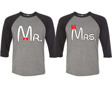 Load image into Gallery viewer, Mr and Mrs matching couple baseball shirts.Couple shirts, Black Grey 3/4 sleeve baseball t shirts. Couple matching shirts.
