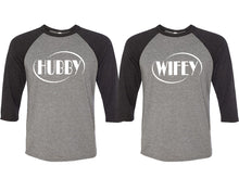 Görseli Galeri görüntüleyiciye yükleyin, Hubby and Wifey matching couple baseball shirts.Couple shirts, Black Grey 3/4 sleeve baseball t shirts. Couple matching shirts.
