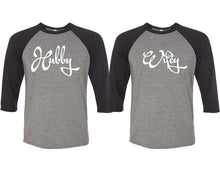 Load image into Gallery viewer, Hubby and Wifey matching couple baseball shirts.Couple shirts, Black Grey 3/4 sleeve baseball t shirts. Couple matching shirts.

