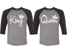 Load image into Gallery viewer, King and Queen matching couple baseball shirts.Couple shirts, Black Grey 3/4 sleeve baseball t shirts. Couple matching shirts.
