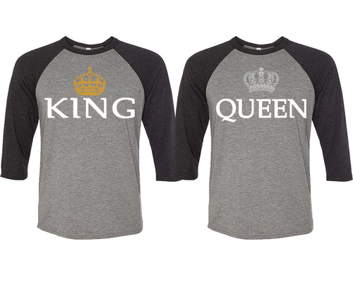 King and Queen matching couple baseball shirts.Couple shirts, Black Grey 3/4 sleeve baseball t shirts. Couple matching shirts.