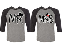 Load image into Gallery viewer, Mr and Mrs matching couple baseball shirts.Couple shirts, Black Grey 3/4 sleeve baseball t shirts. Couple matching shirts.
