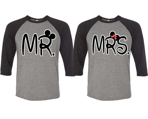 Mr and Mrs matching couple baseball shirts.Couple shirts, Black Grey 3/4 sleeve baseball t shirts. Couple matching shirts.