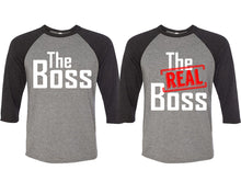 Load image into Gallery viewer, The Boss and The Real Boss matching couple baseball shirts.Couple shirts, Black Grey 3/4 sleeve baseball t shirts. Couple matching shirts.
