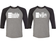 Cargar imagen en el visor de la galería, Hubby and Wifey matching couple baseball shirts.Couple shirts, Black Grey 3/4 sleeve baseball t shirts. Couple matching shirts.
