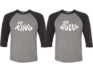 Her King and His Queen matching couple baseball shirts.Couple shirts, Black Grey 3/4 sleeve baseball t shirts. Couple matching shirts.