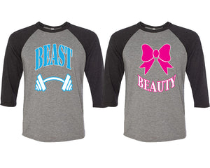 Beast and Beauty matching couple baseball shirts.Couple shirts, Black Grey 3/4 sleeve baseball t shirts. Couple matching shirts.