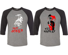 Load image into Gallery viewer, Her Joker and His Harley matching couple baseball shirts.Couple shirts, Black Grey 3/4 sleeve baseball t shirts. Couple matching shirts.
