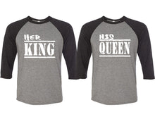 Load image into Gallery viewer, Her King and His Queen matching couple baseball shirts.Couple shirts, Black Grey 3/4 sleeve baseball t shirts. Couple matching shirts.
