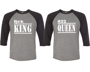 Her King and His Queen matching couple baseball shirts.Couple shirts, Black Grey 3/4 sleeve baseball t shirts. Couple matching shirts.
