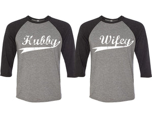 Hubby and Wifey matching couple baseball shirts.Couple shirts, Black Grey 3/4 sleeve baseball t shirts. Couple matching shirts.