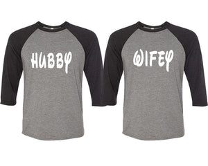 Hubby and Wifey matching couple baseball shirts.Couple shirts, Black Grey 3/4 sleeve baseball t shirts. Couple matching shirts.