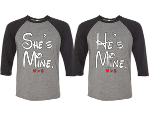 She's Mine and He's Mine matching couple baseball shirts.Couple shirts, Black Grey 3/4 sleeve baseball t shirts. Couple matching shirts.