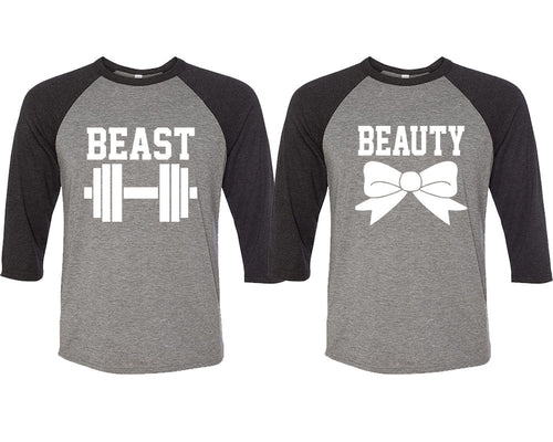 Beast and Beauty matching couple baseball shirts.Couple shirts, Black Grey 3/4 sleeve baseball t shirts. Couple matching shirts.