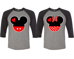 Mickey and Minnie matching couple baseball shirts.Couple shirts, Black Grey 3/4 sleeve baseball t shirts. Couple matching shirts.