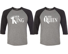 Load image into Gallery viewer, Her King and His Queen matching couple baseball shirts.Couple shirts, Black Grey 3/4 sleeve baseball t shirts. Couple matching shirts.
