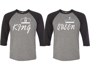 King and Queen matching couple baseball shirts.Couple shirts, Black Grey 3/4 sleeve baseball t shirts. Couple matching shirts.
