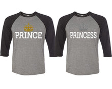 Load image into Gallery viewer, Prince and Princess matching couple baseball shirts.Couple shirts, Black Grey 3/4 sleeve baseball t shirts. Couple matching shirts.
