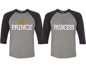 Prince and Princess matching couple baseball shirts.Couple shirts, Black Grey 3/4 sleeve baseball t shirts. Couple matching shirts.