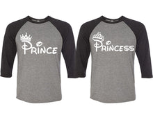 Load image into Gallery viewer, Prince and Princess matching couple baseball shirts.Couple shirts, Black Grey 3/4 sleeve baseball t shirts. Couple matching shirts.
