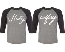 Load image into Gallery viewer, Hubby and Wifey matching couple baseball shirts.Couple shirts, Black Grey 3/4 sleeve baseball t shirts. Couple matching shirts.
